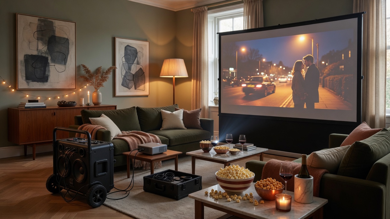 Indoor home cinema setup with large freestanding screen