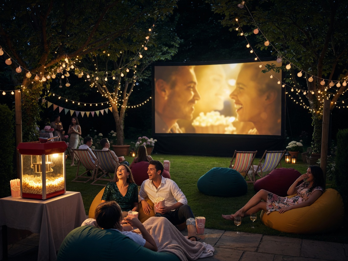 Friends at a garden cinema party with fairy lights